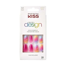 KISS Salon Design Short Coffin Glue-On Nails, Glossy Light Multicolored, 'The Motto', 24 Ct.